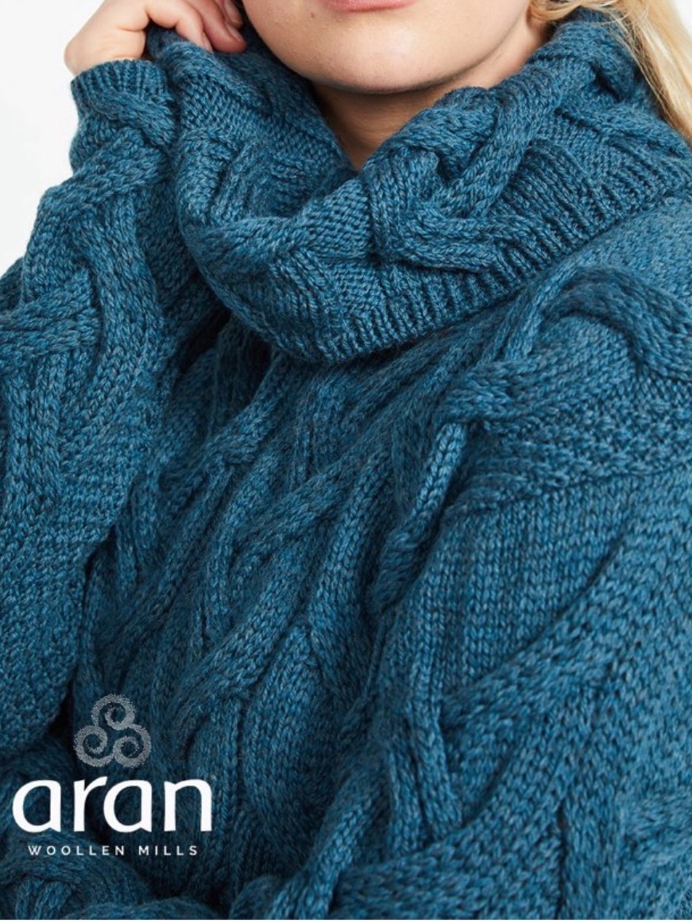 Aran Woollen Mills Super Soft Merino Wool Chunky Cable Knit Cowl Neck Sweater XL